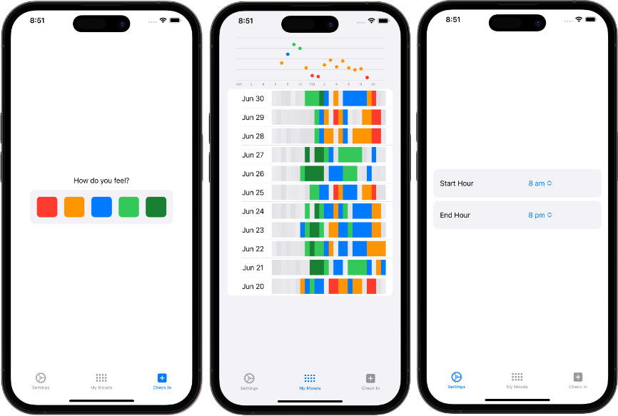 image of three screens of moodtracker app; check in screen, moods display, settings